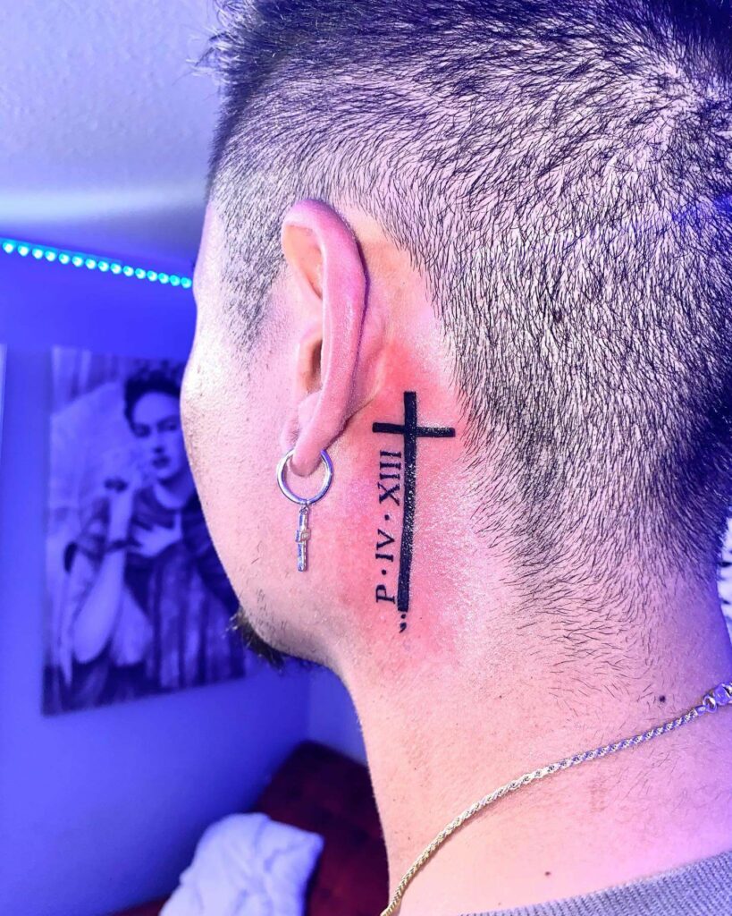 Neck Cross Tattoo Design With Roman Letters