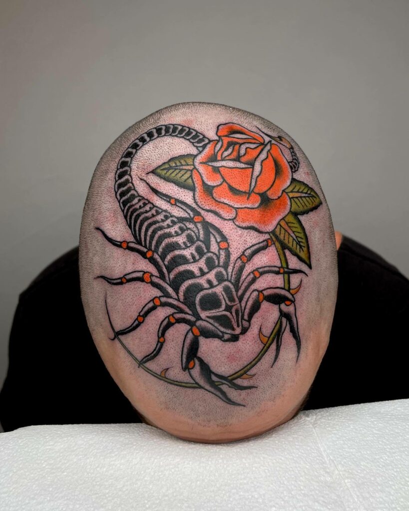 Scorpion And Rose Tattoos For Bald Head