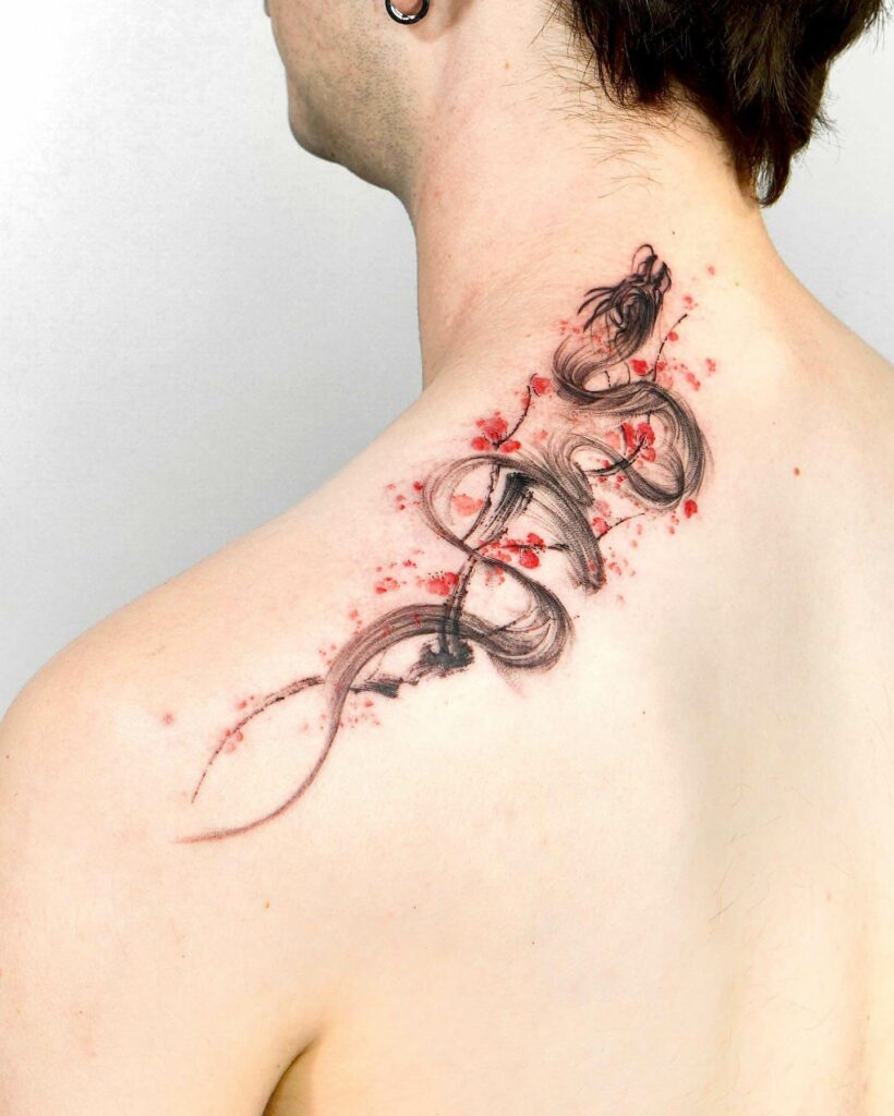 Left Neck Red & Black Ink Floral Nikita Dragun Variation Dragon Tattoo