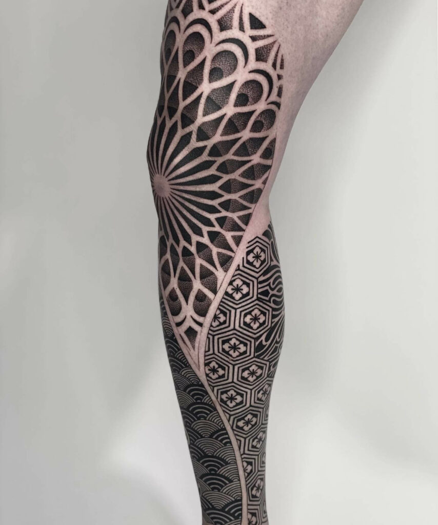 Abstract geometry leg sleeve in progress