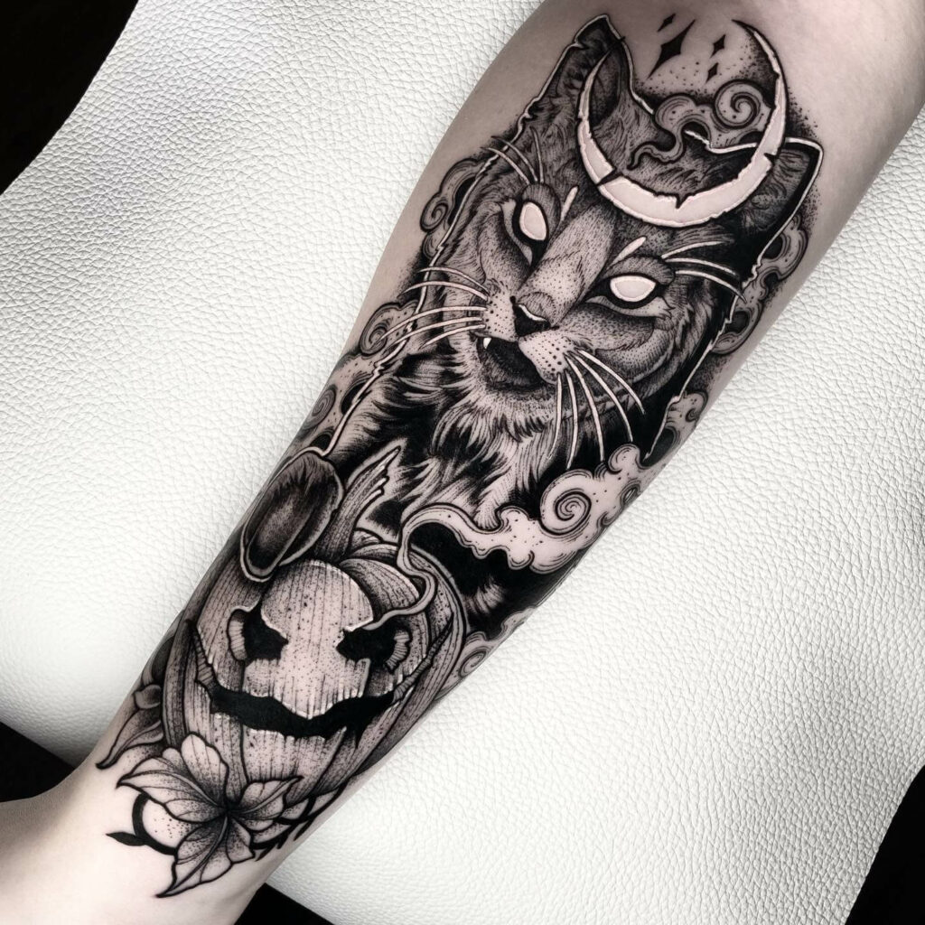 Dark And Spooky Traditional Halloween Cat Tattoo