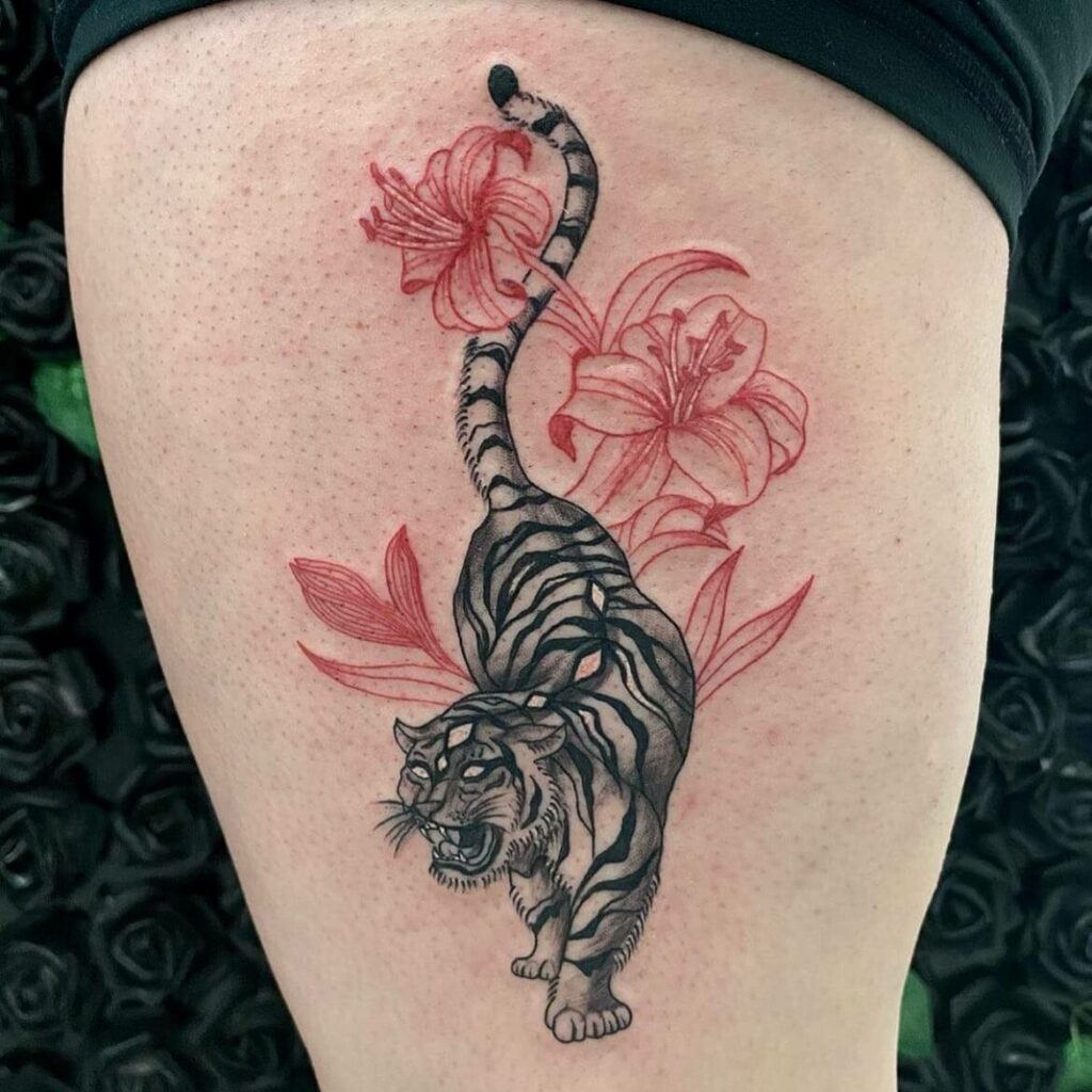 Red Lillies X Traditional Tiger Tattoo