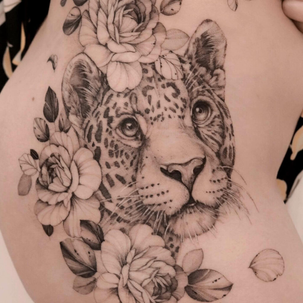 Elegant Tiger With Flowers Tattoo