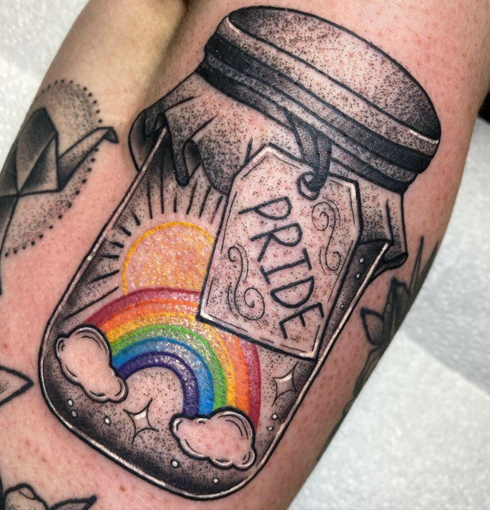 Rainbow And Cloud Chest Tattoos