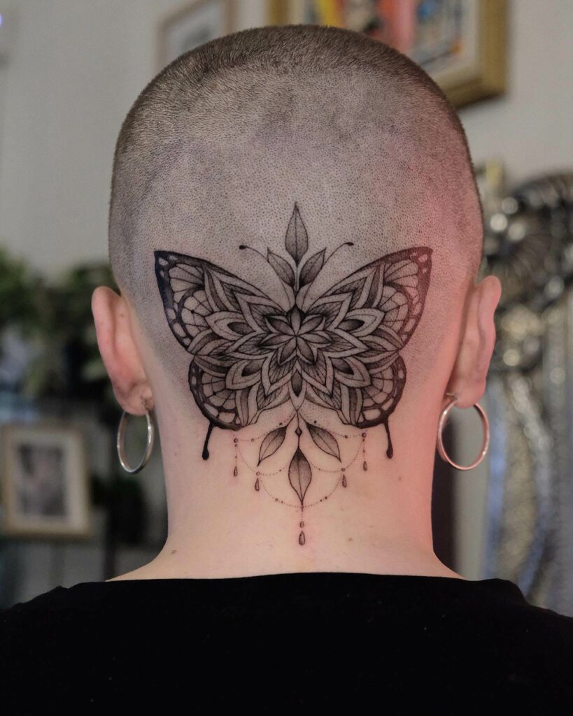 Man back closeup portrait with tattoos on his head and neck Stock Photo   Adobe Stock