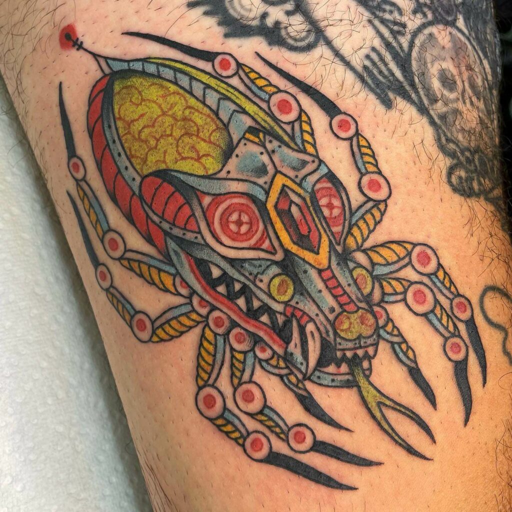Colorful Quirky Robot Traditional Spider Tattoo