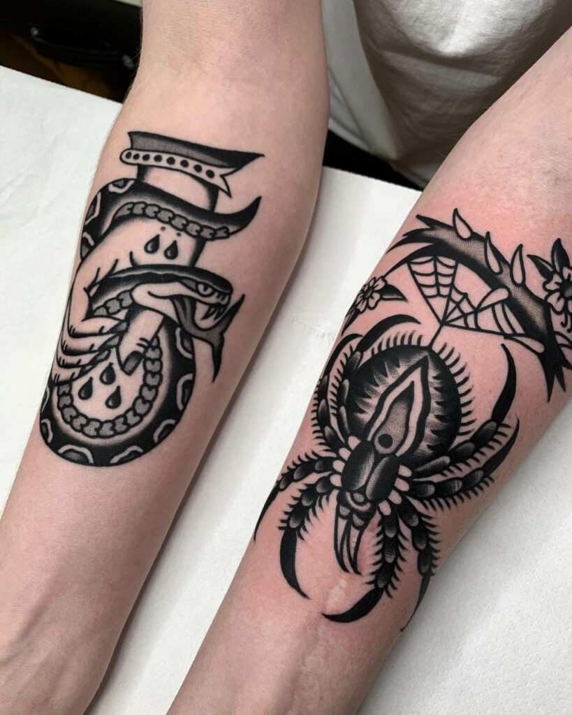 Tribal Spider And Snake Tattoo