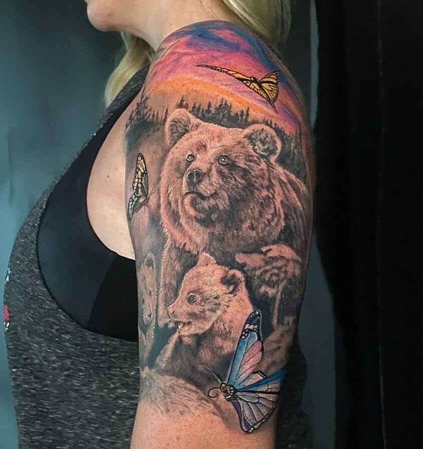 Bear And Cub Elaborate Wildlife Tattoo Sleeve