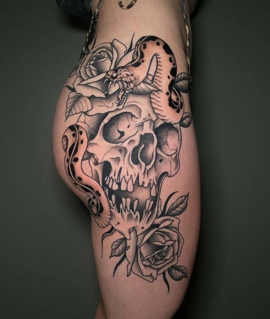 Rose And Skull Hip Tattoo