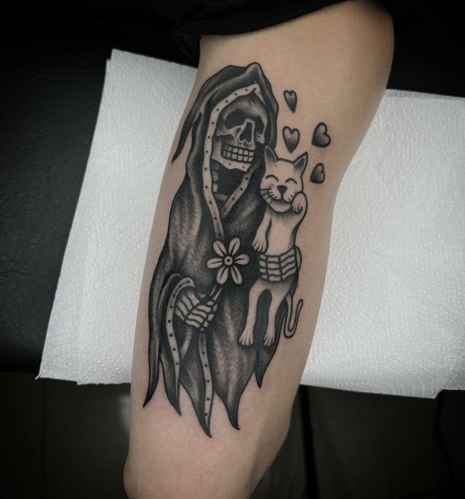 Grim Reaper With Cat Tattoo