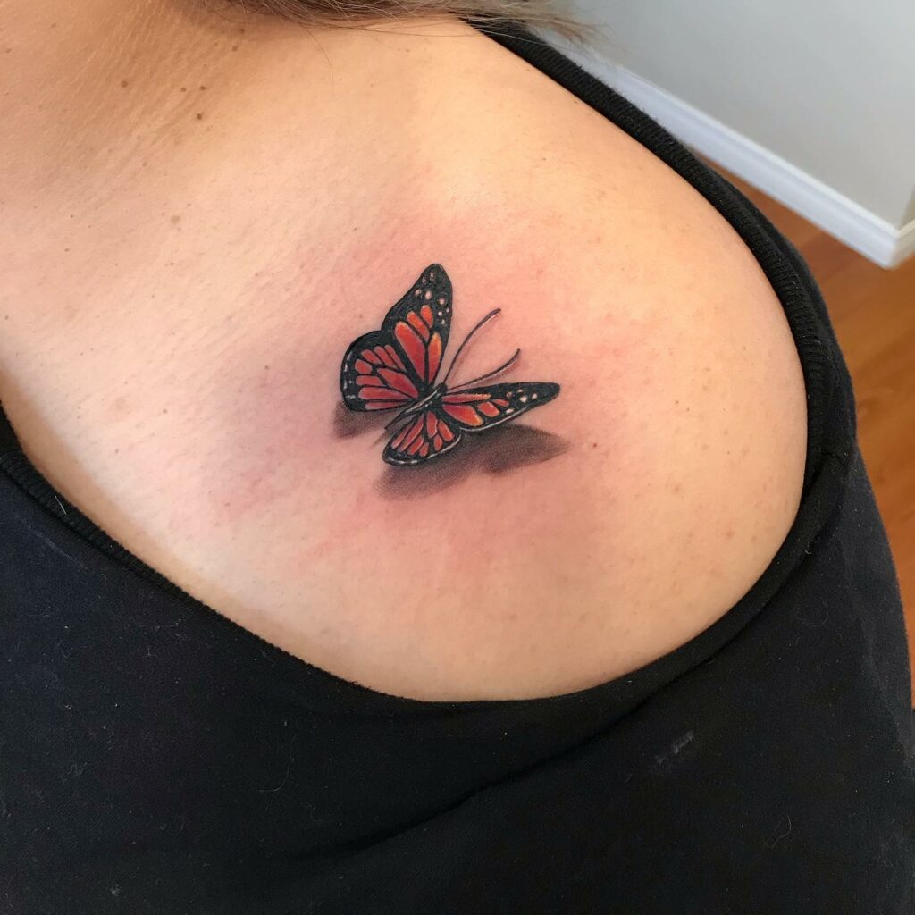 3D Monarch Butterfly Tattoo On Shoulder