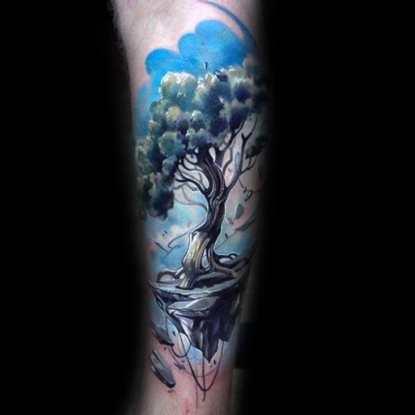 3D Watercolour Tree Leg Tattoo