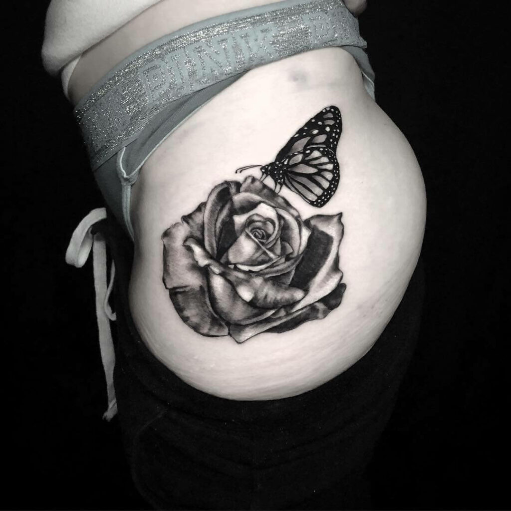 Rose Butterfly Hip Tattoo