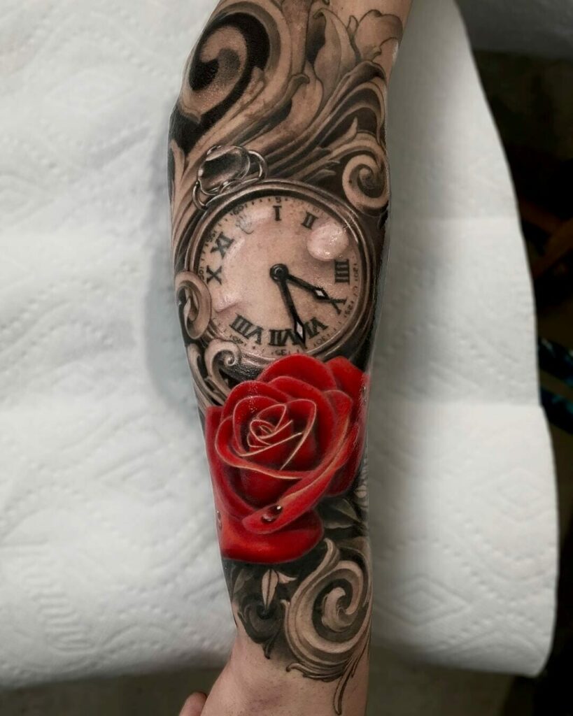 The Red Rose And The Pocket Watch Tattoo Of Love And Beauty