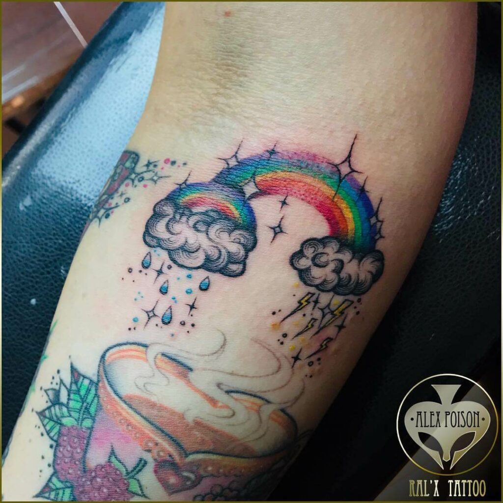 Rainbow Cloud Tattoo With Lightening And Stars