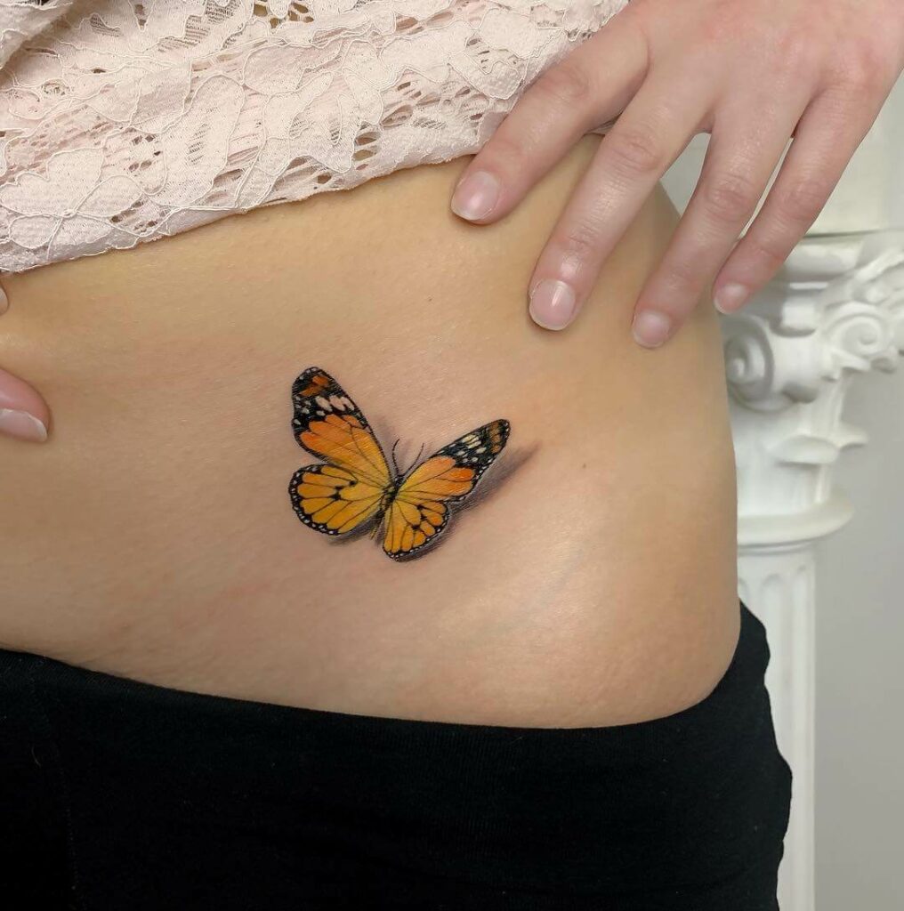 Yellow 3D Butterfly Hip Tattoo