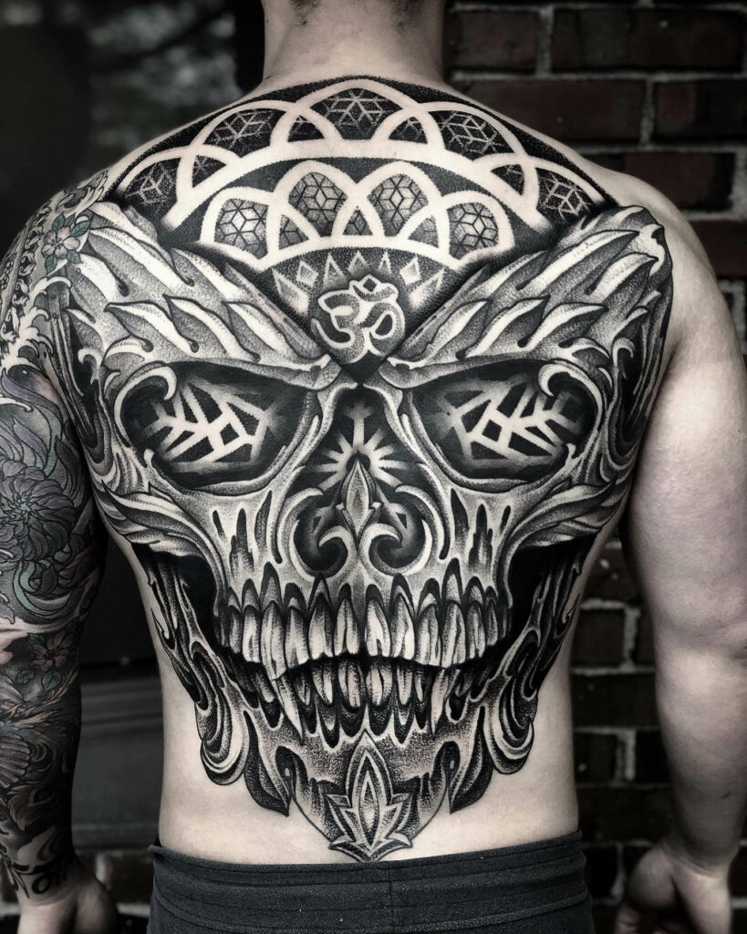 Skull Full Back Tattoo With Om