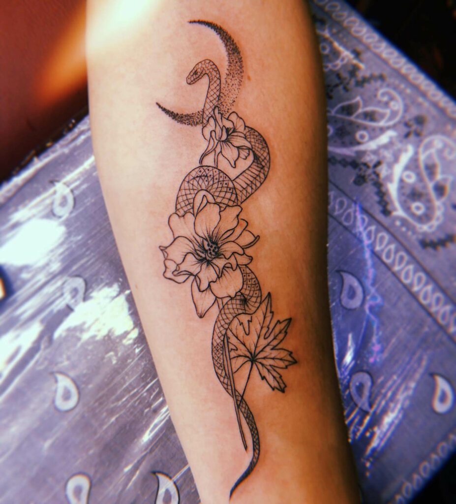 Snake And Delphinium Flower Tattoo