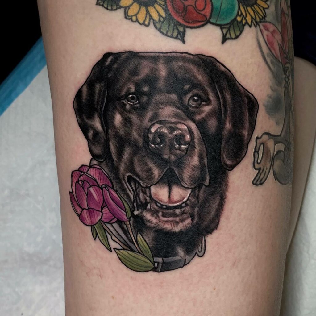 Floral Black Labrador Retriever tattoo
