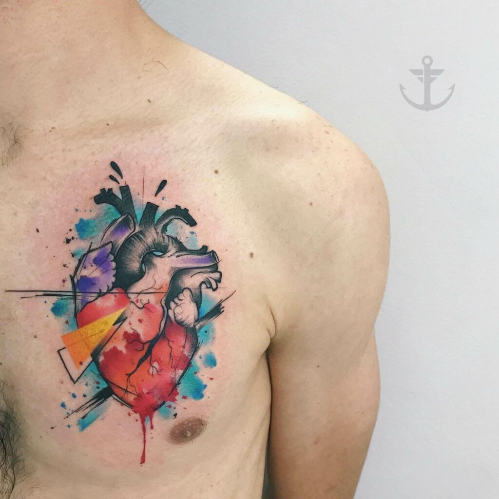 Color Splash Abstract Heart Tattoo On The Chest