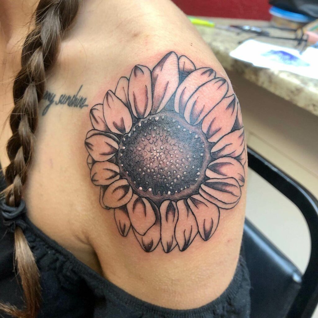 Black And Grey Shading Sunflower Shoulder Tattoo