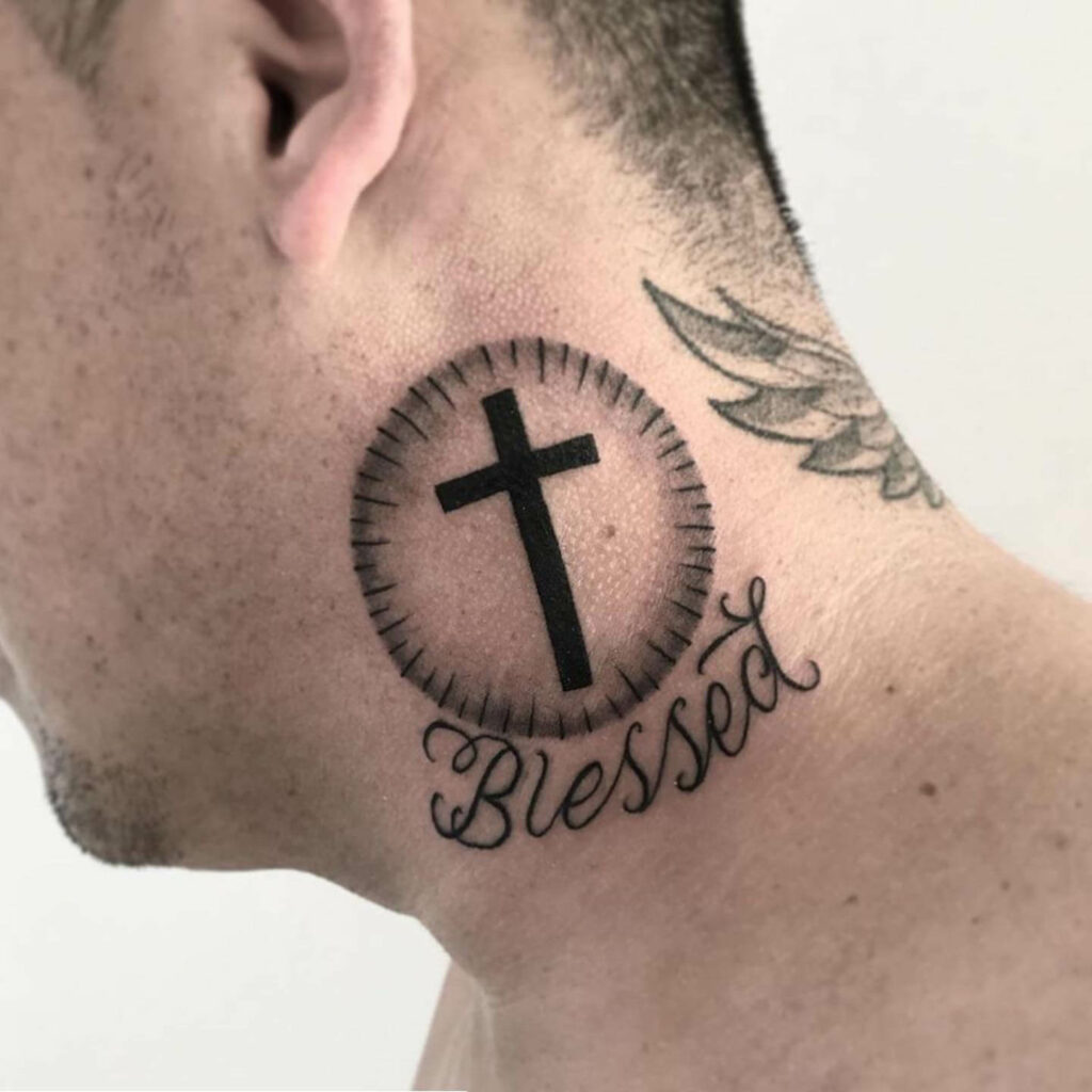 Blessed and cross on the neck Just got it done so happy how it turned out  lol  Neck tattoo Cute tattoos for women Blessed tattoos