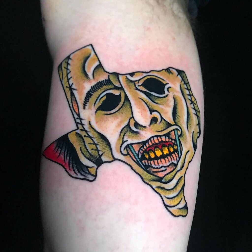 Half-Destroyed Leatherface Mask Traditional Tattoo