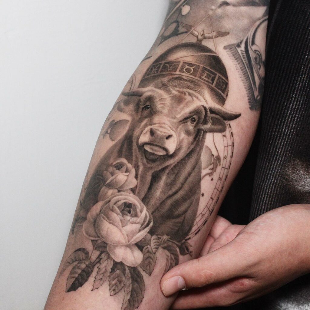 Bull tattoo - Black and Grey Tattoos - Last Sparrow Tattoo