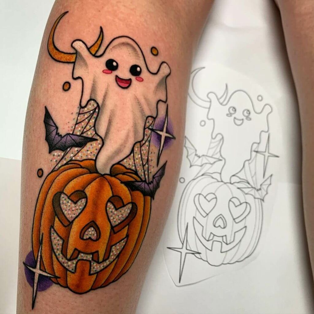 A Cute Ghost And Pumpkin Tattoo