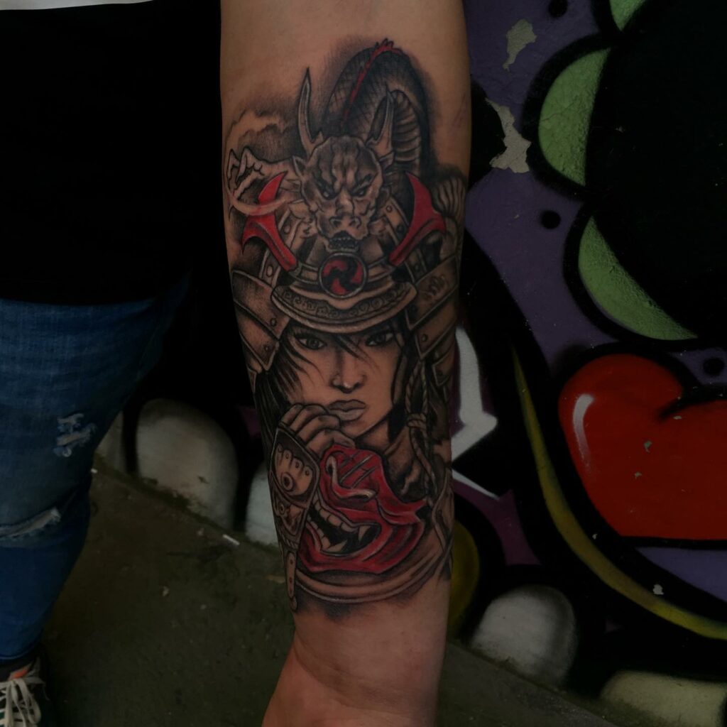 A Girl Samurai And Dragon Tattoo Design