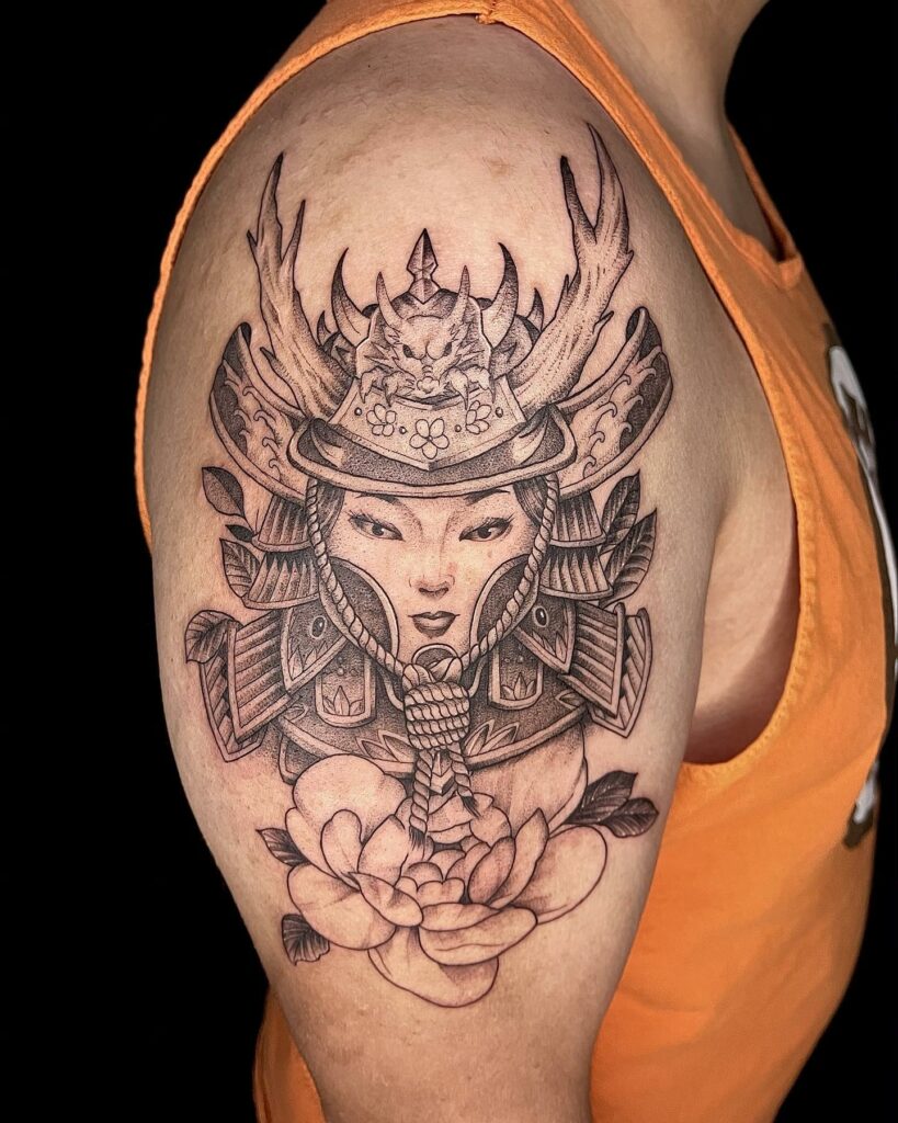 A Girl Samurai And Peony Tattoo Design