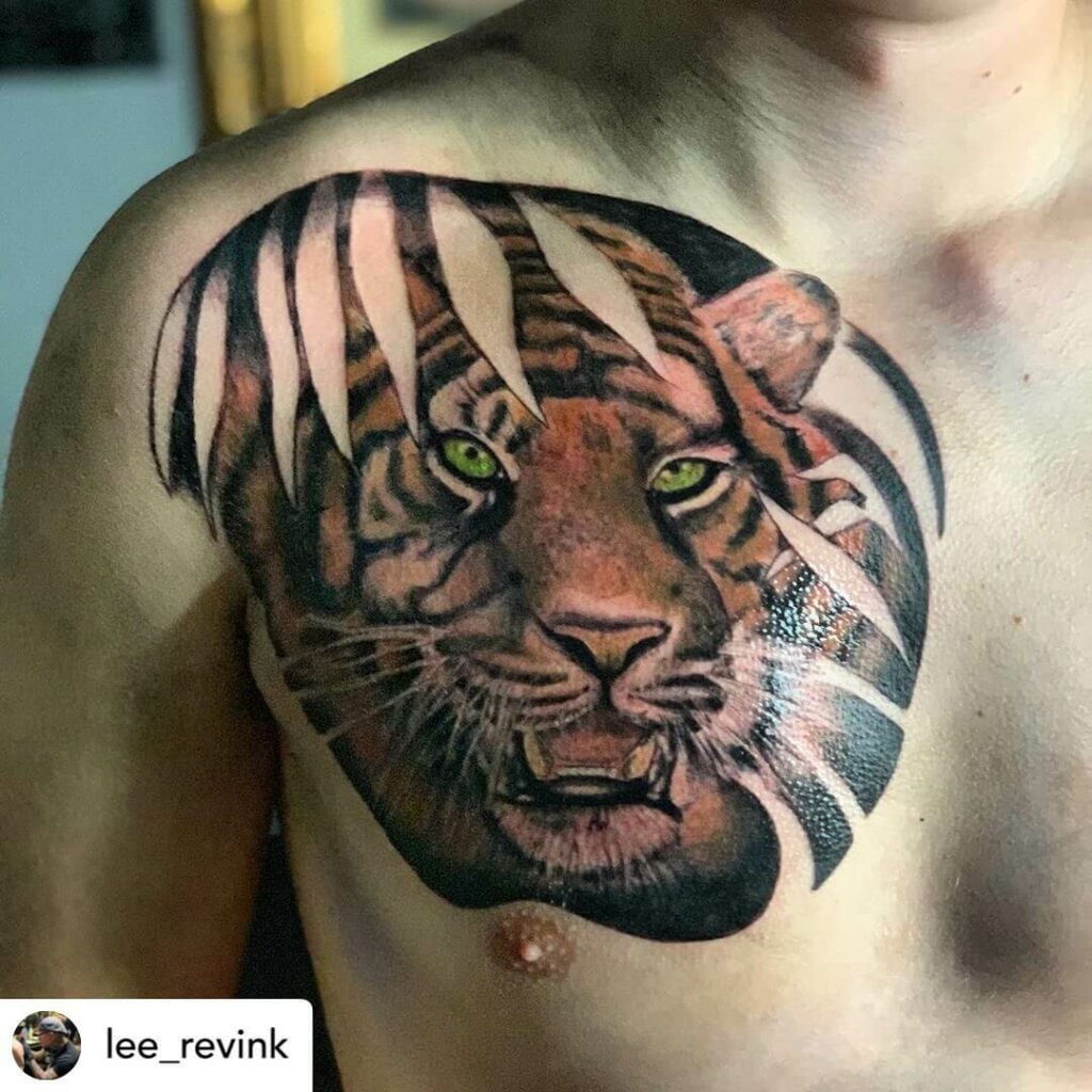 tiger face chest tattoo