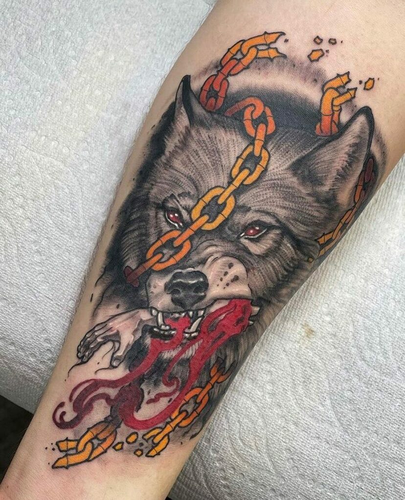 Aggressive Fenrir Norse Wolf Tattoo