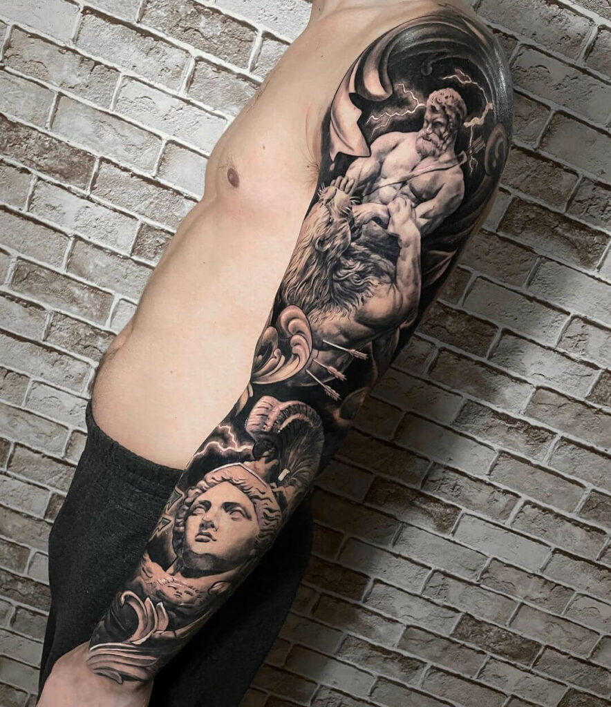 Amazing Blackwork Tattoo With Classical Marble Sculptures