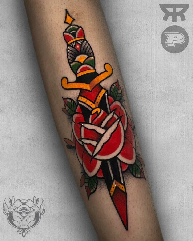 American Traditional Dagger Tattoo