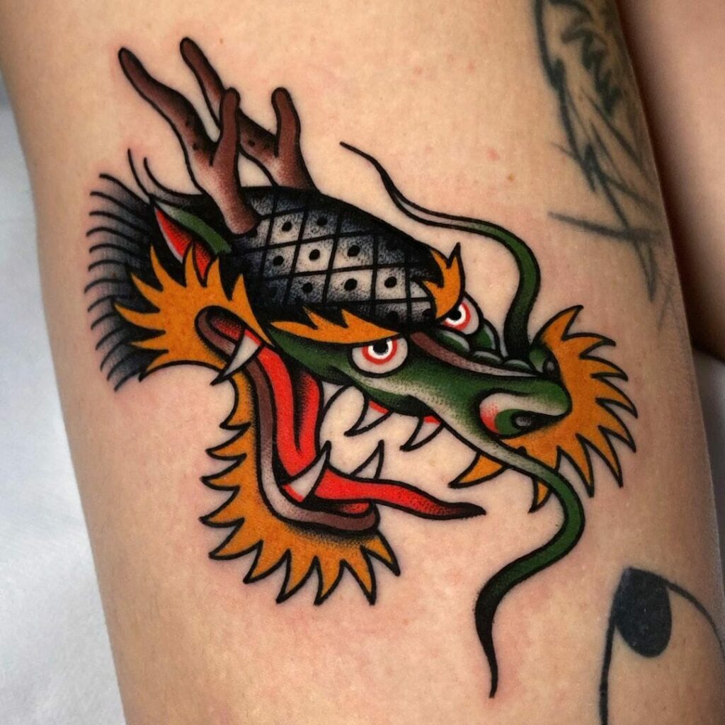 American Traditional Dragon Head Tattoo