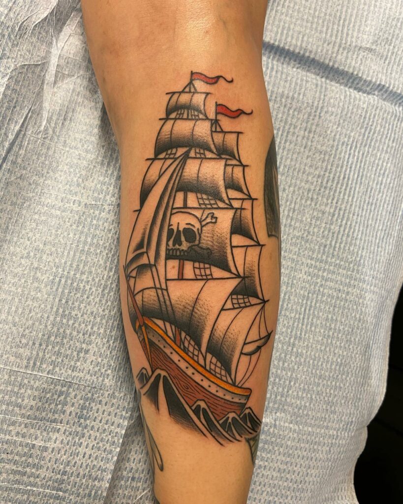 American Traditional Pirate Ship Tattoo
