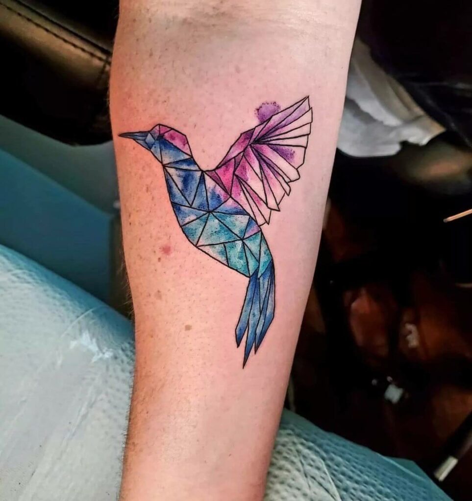 An Idea for Watercolor Effect on Geometric Hummingbird Tattoo Designs