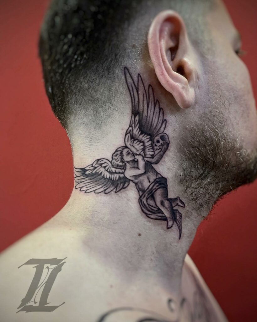 10 Angel Neck Tattoo Ideas That Will Blow Your Mind   Angel Holding A Skull Neck Tattoo 819x1024 