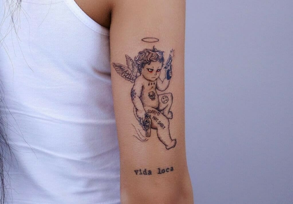 Mother Angel With Baby Angel Tattoo On Arm