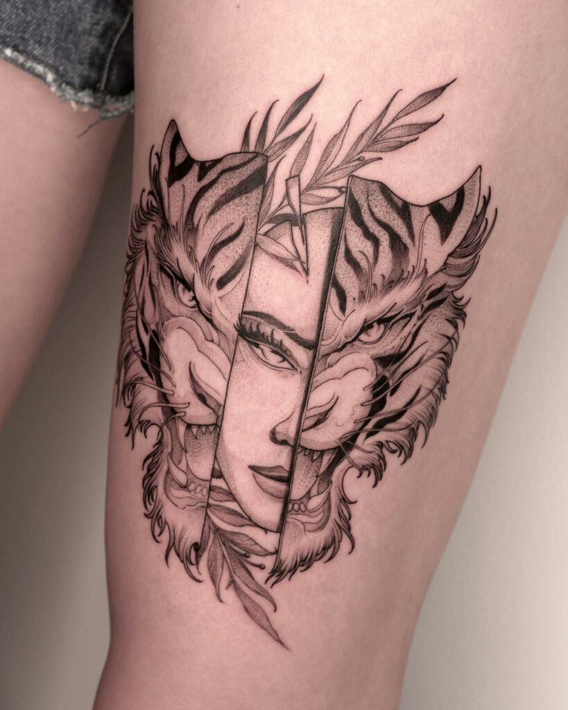 Angry Tiger Leg Tattoo For Girls