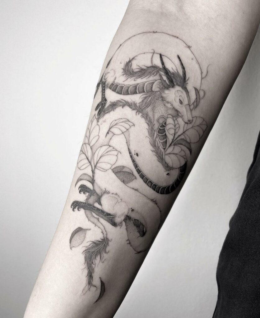 Anime Dragon Stencil Forearm Tattoo