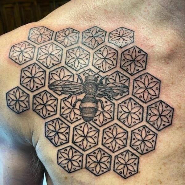 Honeycomb And Tribal Bee Tattoo