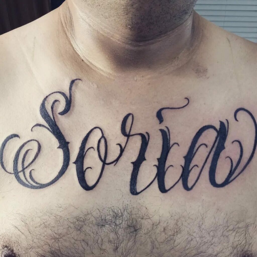  Beautiful Inked Last Name Tattoo On Chest