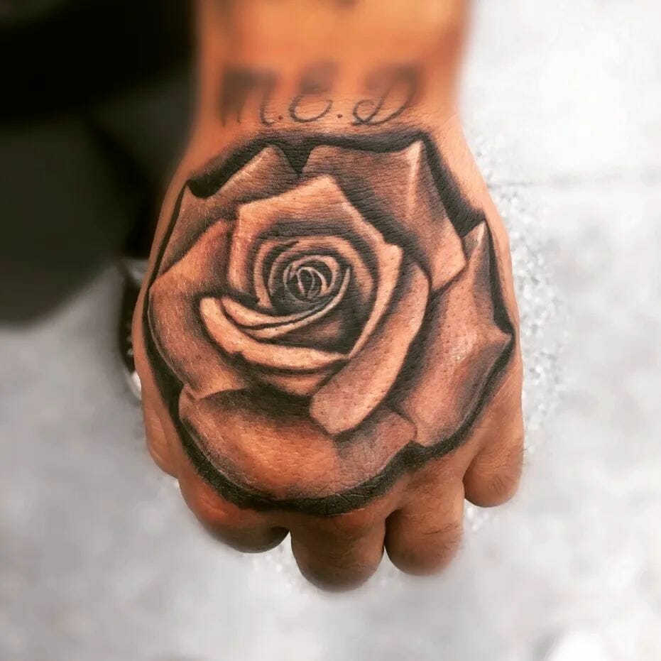  Realistic Big Black And Grey Rose Hand Tattoo