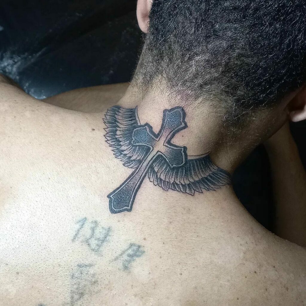 The Big Only Black Cross Tattoo Design With Wings On Neck