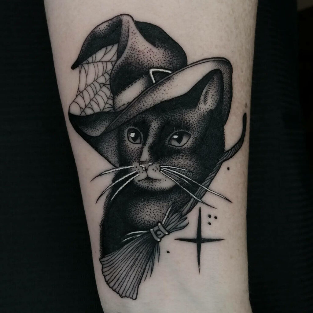 Black Cat With Witch's Broomstick Halloween Tattoo
