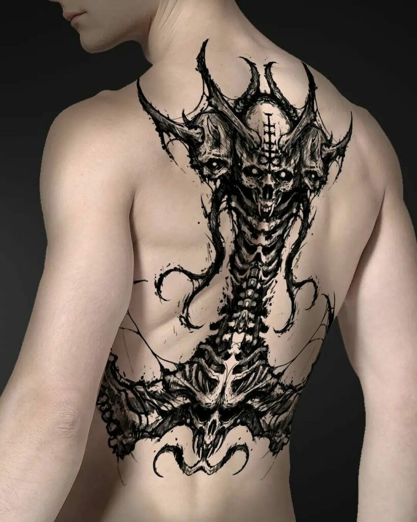Skull And Spine Gothic Full Back Tattoo