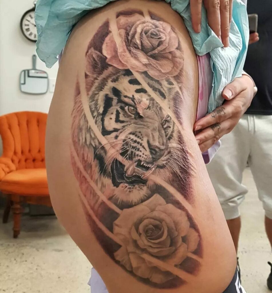 Rose And Tiger Hip Tattoo Design