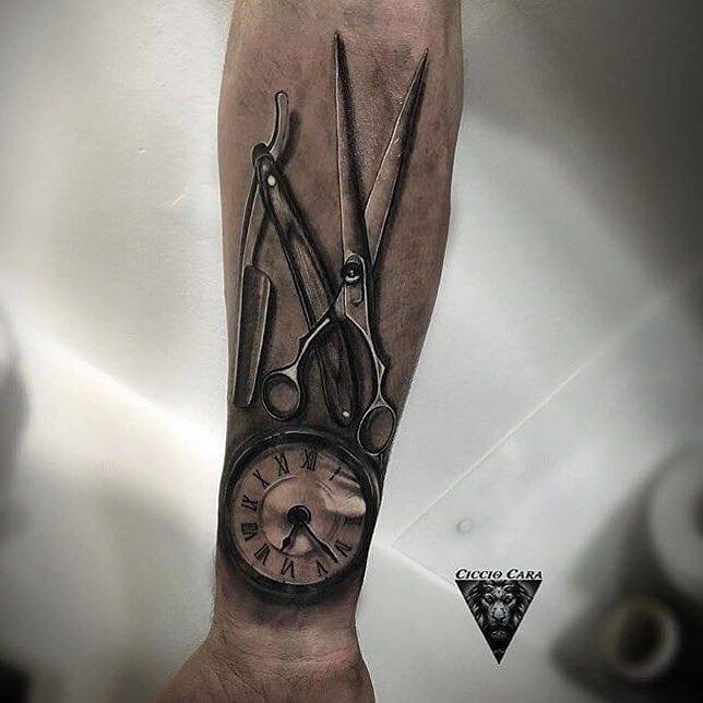 Barber With Clock Tattoo